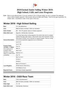 2018​ ​Encinal​ ​Junior​ ​Sailing​ ​Winter​ ​2018: High​ ​School,​ ​C420,​ ​and​ ​Laser​ ​Programs Cost: Refer​ ​to​ ​each​ ​offering​ ​below.​ ​If​ ​you​