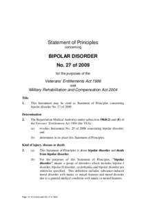 Statement of Principles concerning BIPOLAR DISORDER No. 27 of 2009 for the purposes of the