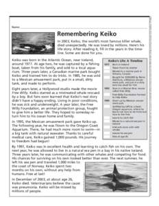 Remembering Keiko In 2003, Keiko, the world’s most famous killer whale, died unexpectedly. He was loved by millions. Here’s his life story. After reading it, fill in the years in the timeline. Some are done for you. 