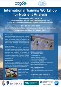 International Training Workshop for Nutrient Analysis Sponsored by POGO and SCOR Organised by NIOZ and PML for SCOR Working Group #147 (COMPONUT): towards comparability of global oceanic nutrient data.