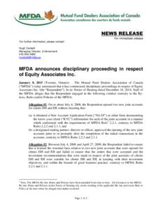 News release - MFDA announces disciplinary proceeding in respect of Equity Associates Inc.