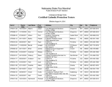 Nebraska State Fire Marshal Fuels Division-FLST Section Underground Storage Tanks Certified Cathodic Protection Testers Effective August 14, 2014
