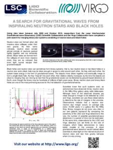 A SEARCH FOR GRAVITATIONAL WAVES FROM INSPIRALING NEUTRON STARS AND BLACK HOLES Using data taken between July 2009 and October 2010, researchers from the Laser Interferometer Gravitational-wave Observatory (LIGO) Scienti