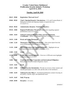 Croatia / United States Multilateral Proliferation Security Initiative Workshop April 10-12, 2018 Tuesday, April 10, :45 – 09:00