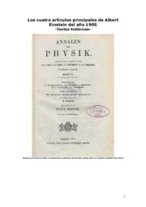 Los cuatro artículos principales de Albert Einstein del añoTextos históricos- Portada de la revista de 1905, en donde fueron publicados los artículos, siendo editor de la misma el profesor Max Planck