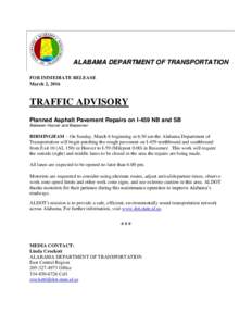 a ne Cls ALABAMA DEPARTMENT OF TRANSPORTATION FOR IMMEDIATE RELEASE March 2, 2016
