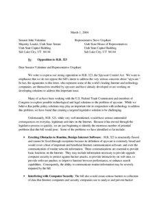 Letter from AOL et al Opposing Utah's Spyware Control Act