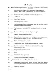 Reset Form  APD Checklist The APD shall include (please attach two copies if for State or Fee surface): 1.