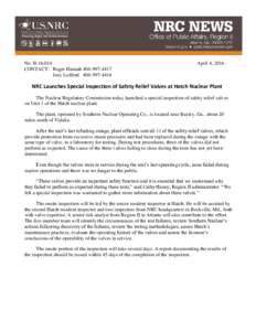 Press Release-II: NRC Launches Special Inspection of Safety Relief Valves at Hatch Nuclear Plant.