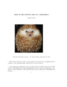 WHAT IS THE SURFACE AREA OF A HEDGEHOG? BARRY MAZUR Notes for The Steiner Lecture— St. Johns College, September 30, 2011  Well, I don’t know the answer to the question of the title and no hedgehog will be