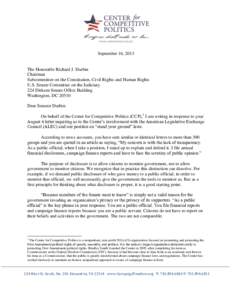 September 16, 2013  The Honorable Richard J. Durbin Chairman Subcommittee on the Constitution, Civil Rights and Human Rights U.S. Senate Committee on the Judiciary
