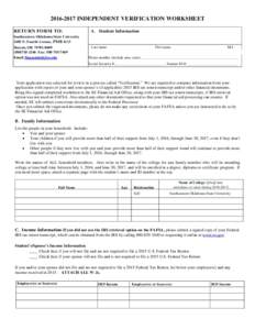 INDEPENDENT VERIFICATION WORKSHEET RETURN FORM TO: A. Student Information  Southeastern Oklahoma State University