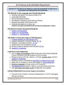 K-12 Literacy & Social Studies Department Standard 10: The Goal is for students to read and comprehend complex text at their grade level independently and proficiently. The Strands in the Language Arts Florida Standards 