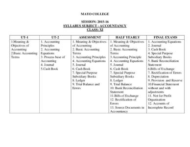 MAYO COLLEGE SESSION: SYLLABUS SUBJECT - ACCOUNTANCY CLASS: XI UT-1 1.Meaning &