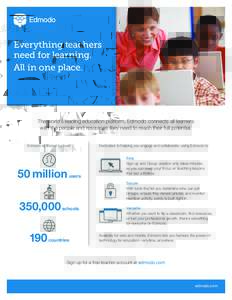 Everything teachers need for learning. All in one place. The world’s leading education platform, Edmodo connects all learners with the people and resources they need to reach their full potential.