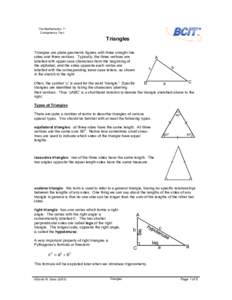 The Mathematics 11 Competency Test Triangles Triangles are plane geometric figures with three straight line sides and three vertices. Typically, the three vertices are