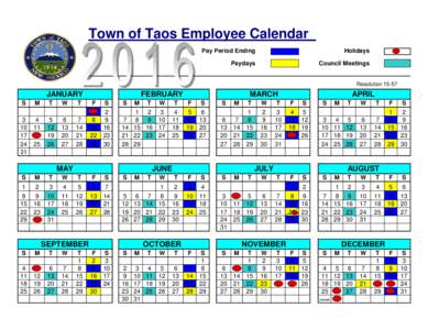 Town of Taos Employee Calendar Pay Period Ending Holidays  Paydays