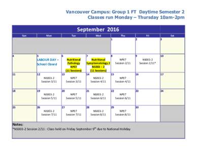 Vancouver Campus: Group 1 FT Daytime Semester 2 Classes run Monday – Thursday 10am-2pm September 2016 Sun