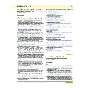 Psynopsis WEB_WEB:14 PM Page 61  REFERENCE LIST Suicide Prevention in Canada: Where Do We Stand and Where Do We Need to Go? Marnin J. Heisel, Ph.D.