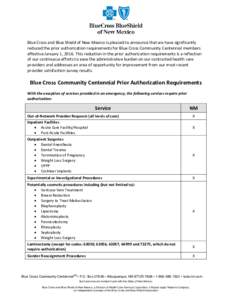 Blue Cross and Blue Shield of New Mexico is pleased to announce that we have significantly reduced the prior authorization requirements for Blue Cross Community Centennial members effective January 1, 2016. This reductio