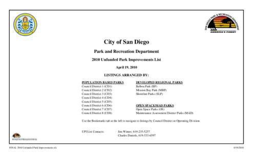 City of San Diego Park and Recreation Department 2010 Unfunded Park Improvements List April 19, 2010 LISTINGS ARRANGED BY: POPULATION BASED PARKS