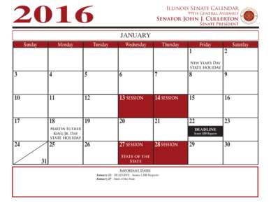 2016 99th GA Session Calendar - finalsenate only.indd