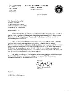 October 29, 2010 Letter, Chairman Peter S. Winokur, to the Honorable Steven S. Chu, Secretary of Energy, forwarding Recommendation[removed], Safety Analysis