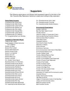 Supporters The following organizations and officials have expressed support for the work of the San Francisco Bay Restoration Authority to raise local funding for Bay restoration. United States Congress Congressmember An