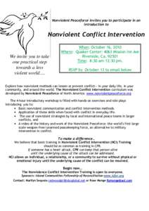 Nonviolent Peaceforce invites you to participate in an introduction to Nonviolent Conflict Intervention  We invite you to take