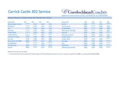 Carrick Castle 302 Service Operated by Garelochhead Coaches and Minibuses LtdOperates Monday to Saturday except 25th 26th Dec & 1st, 2nd Jan Service No Helensburgh Central Muirlands