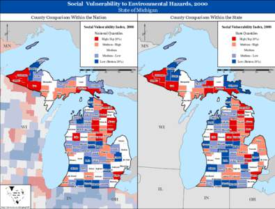 Social Vulnerability to Environmental Hazards, 2000 State of Michigan County Comparison Within the Nation  County Comparison Within the State