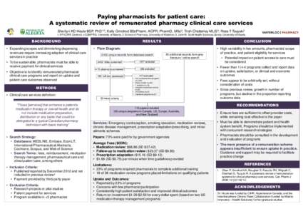 Paying pharmacists for patient care: A systematic review of remunerated pharmacy clinical care services Sherilyn KD Houle BSP, PhD1-2; Kelly Grindrod BScPharm, ACPR, PharmD, MSc2; Trish Chatterley MLIS3; Ross T Tsuyuki1 