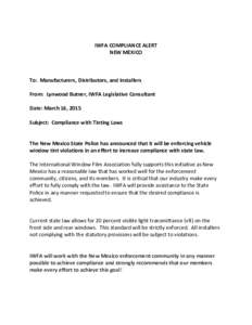 IWFA COMPLIANCE ALERT NEW MEXICO To: Manufacturers, Distributors, and Installers From: Lynwood Butner, IWFA Legislative Consultant Date: March 16, 2015