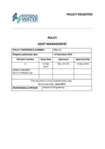 POLICY REGISTER  POLICY ASSET MANAGEMENT POLICY REFERENCE NUMBER: