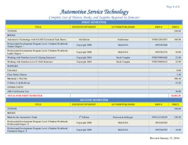 Page 1 of 2  Automotive Service Technology Complete List of Tuition, Books, and Supplies Required by Semester FIRST SEMESTER TITLE