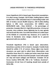 LINEAR HYPOTHESIS VS THRESHOLD HYPOSTHESIS thoughts by R. Kithil June 2015 Linear Hypothesis (LH) is based upon theoretical assumptions. It is often wrong. Example: 150 ft (50m) Rolling Sphere radius results from a 50% c