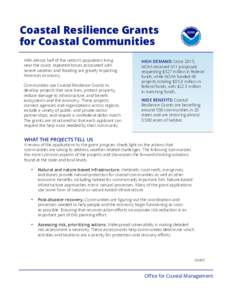 Coastal Resilience Grants for Coastal Communities With almost half of the nation’s population living near the coast, repeated losses associated with severe weather and flooding are greatly impacting America’s economy