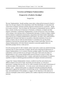 Marburg Journal of Religion: Volume 11, No. 1 (June[removed]Terrorism and Religious Fundamentalism: Prospects for a Predictive Paradigmi Douglas Pratt