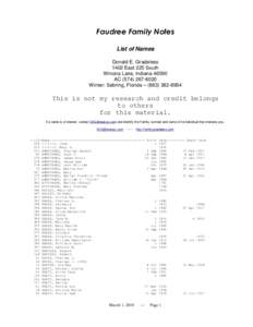 Faudree Family Notes List of Names Donald E. Gradeless 1402 East 225 South Winona Lake, IndianaAC