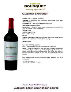 Cabernet Sauvignon Varietal | 100 % Cabernet Sauvignon Vineyards | Tupungato, Alto Gualtallary, 1200 meters[removed]feet) above sea level. Harvest Process | Manually on the third week of april. Type of Soil | Gravel and sa