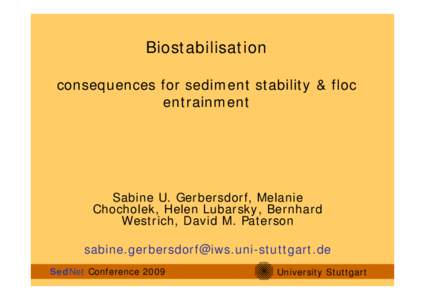 Biostabilisation consequences for sediment stability & floc entrainment Sabine U. Gerbersdorf, Melanie Chocholek, Helen Lubarsky, Bernhard