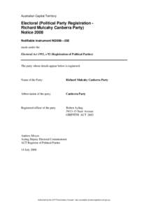 Australian Capital Territory  Electoral (Political Party Registration Richard Mulcahy Canberra Party) Notice 2008 Notifiable instrument NI2008—292 made under the