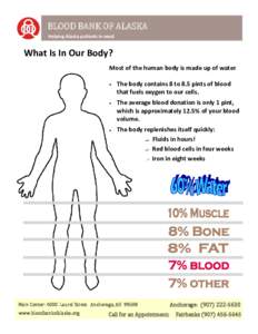 BLOOD BANK OF ALASKA Helping Alaska patients in need What Is In Our Body? Most of the human body is made up of water The body contains 8 to 8.5 pints of blood