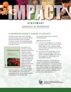 STATEMENT Advances in Nutrition a growing impact where it counts Innovative content, impact, and a publication schedule that keeps pace with the ever-growing demand for the latest nutrition knowledge—