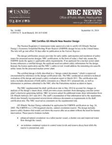 Press Release: NRC Certifies GE-Hitachi New Reactor Design.