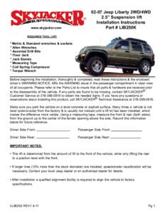 www.skyjacker.com[removed]Jeep Liberty 2WD/4WD 2.5” Suspension lift Installation Instructions Part # LIB250K
