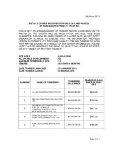 24 March 2015 DETAILS OF BIDS RECEIVED FOR SALE OF LAND PARCEL AT TUAS SOUTH STREET 11 (PLOT 43) THIS IS NOT AN ANNOUNCEMENT OF TENDER AWARD. A DECISION ON THE AWARD OF THE TENDER WILL BE MADE AFTER THE BIDS HAVE BEEN EV