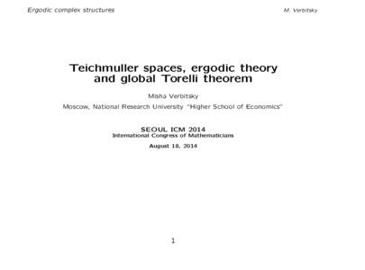 Ergodic complex structures  M. Verbitsky Teichmuller spaces, ergodic theory and global Torelli theorem
