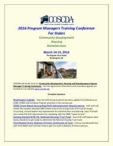2016 Program Managers Training Conference For States Community Development Housing Homelessness March 14-15, 2016