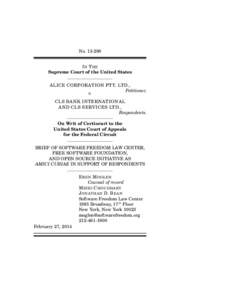 No[removed]I N T HE Supreme Court of the United States ALICE CORPORATION PTY. LTD., Petitioner, v.